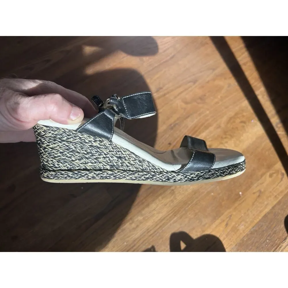 Amalfi by Rangoni Firenze Black‎ Leather Wedge Sandals Size 9 Italian Rope Sole